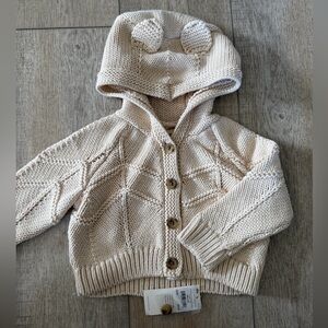 Tea Collection Gender Neutral Cream Knit Baby Cardigan with Bear Ears